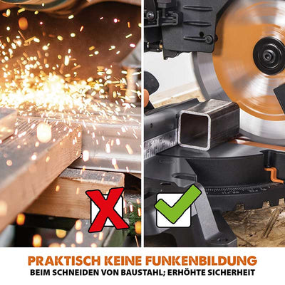 Evolution R255SMS-DB+ 255mm Doppelgehrungssäge mit Schiebfunktion und 28T TCT-Multi-Material-Sägeblatt