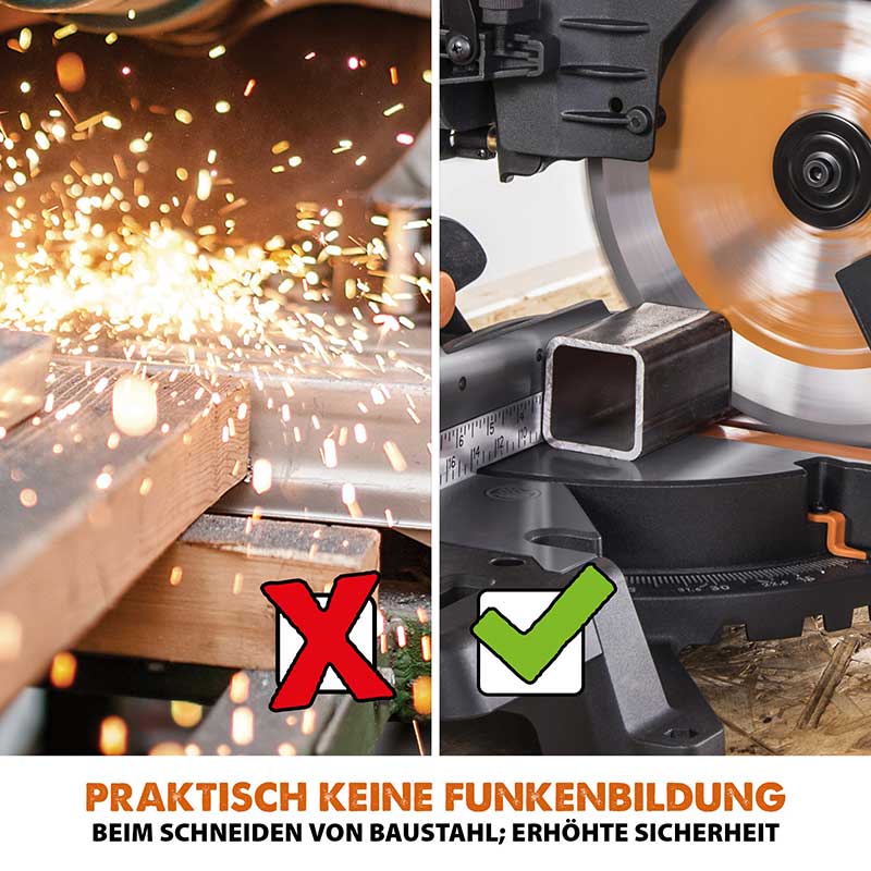 Evolution R255SMS-DB+ 255mm Doppelgehrungssäge mit Schiebfunktion und 28T TCT-Multi-Material-Sägeblatt