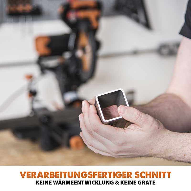 Evolution R255SMS-DB+ 255mm Doppelgehrungssäge mit Schiebfunktion und 28T TCT-Multi-Material-Sägeblatt