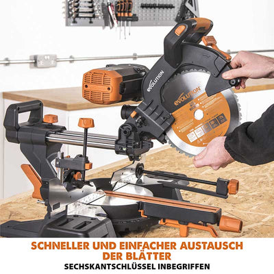 Evolution R255SMS-DB+ 255mm Doppelgehrungssäge mit Schiebfunktion und 28T TCT-Multi-Material-Sägeblatt