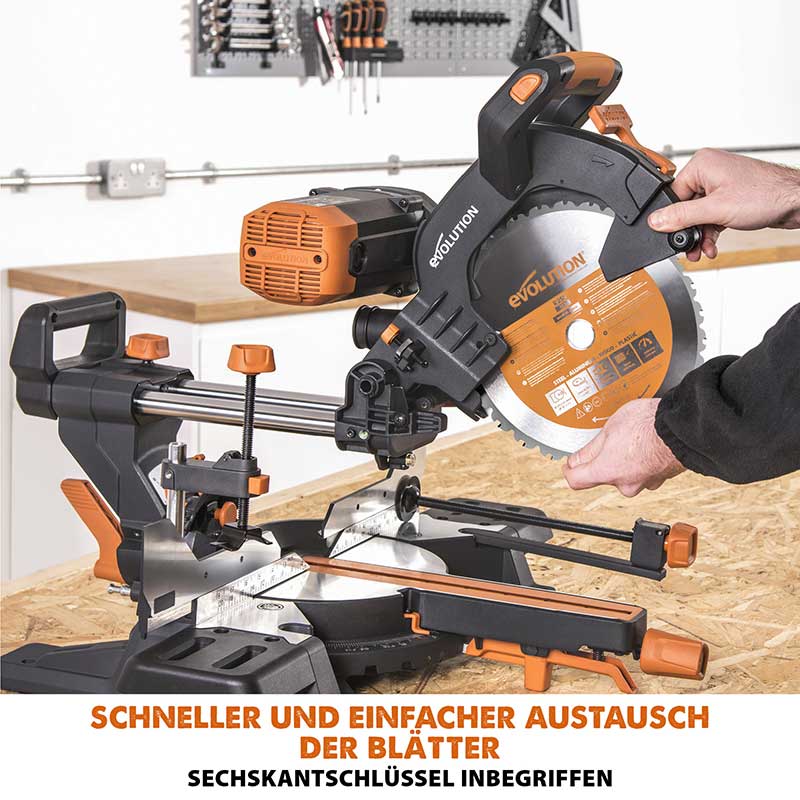 Evolution R255SMS-DB+ 255mm Doppelgehrungssäge mit Schiebfunktion und 28T TCT-Multi-Material-Sägeblatt
