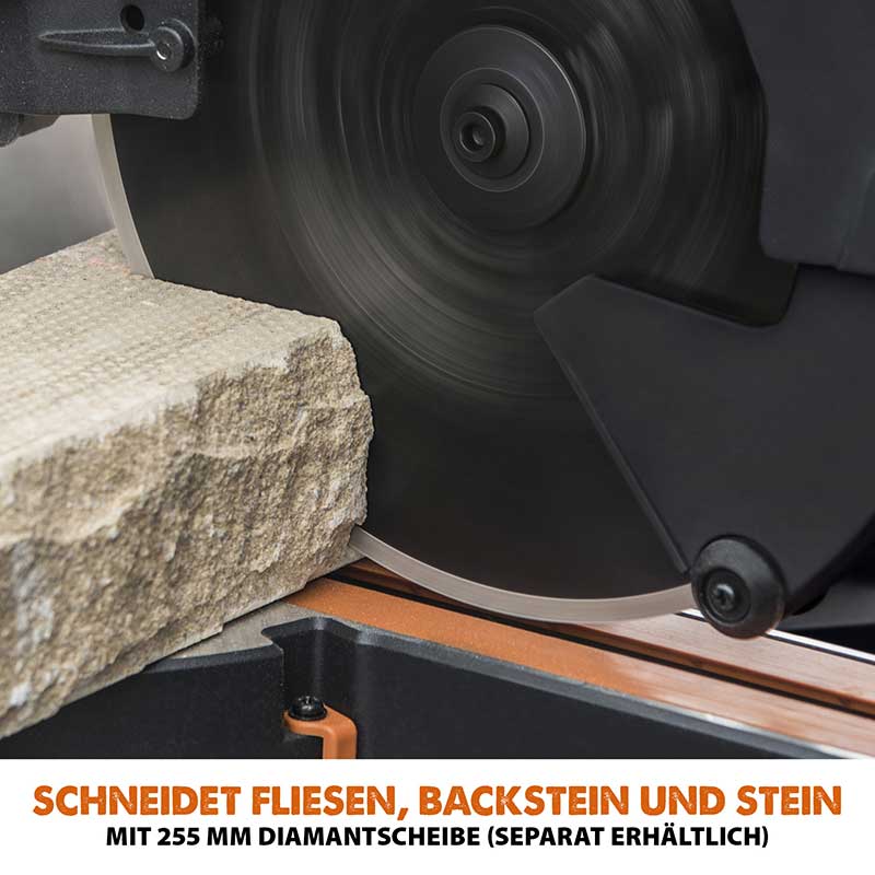 Evolution R255SMS-DB+ 255mm Doppelgehrungssäge mit Schiebfunktion und 28T TCT-Multi-Material-Sägeblatt