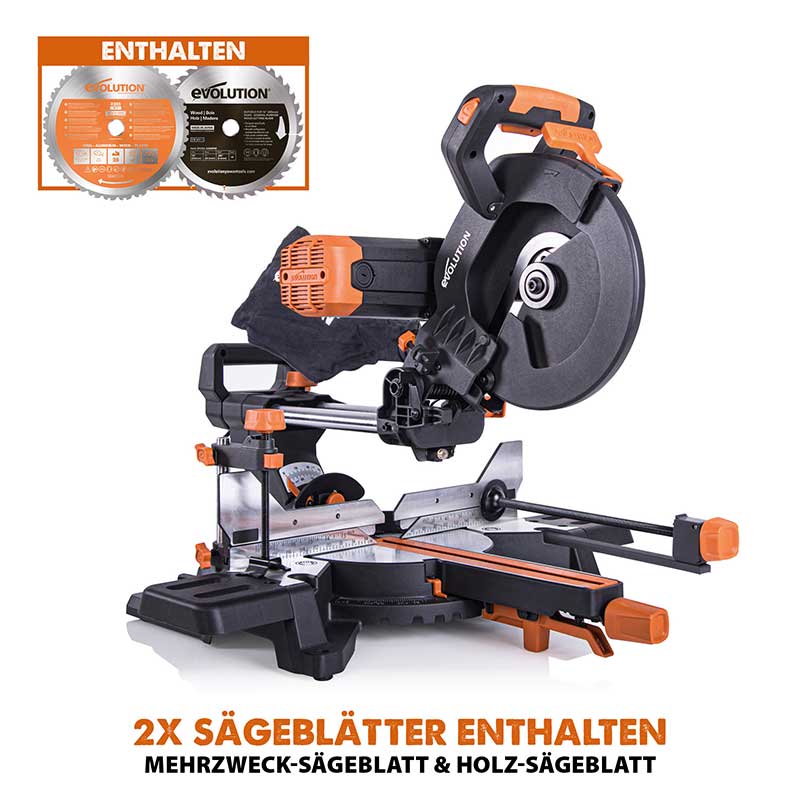 Evolution R255SMS-DB+ 255mm Doppelgehrungssäge mit Schiebfunktion und 28T TCT-Multi-Material-Sägeblatt