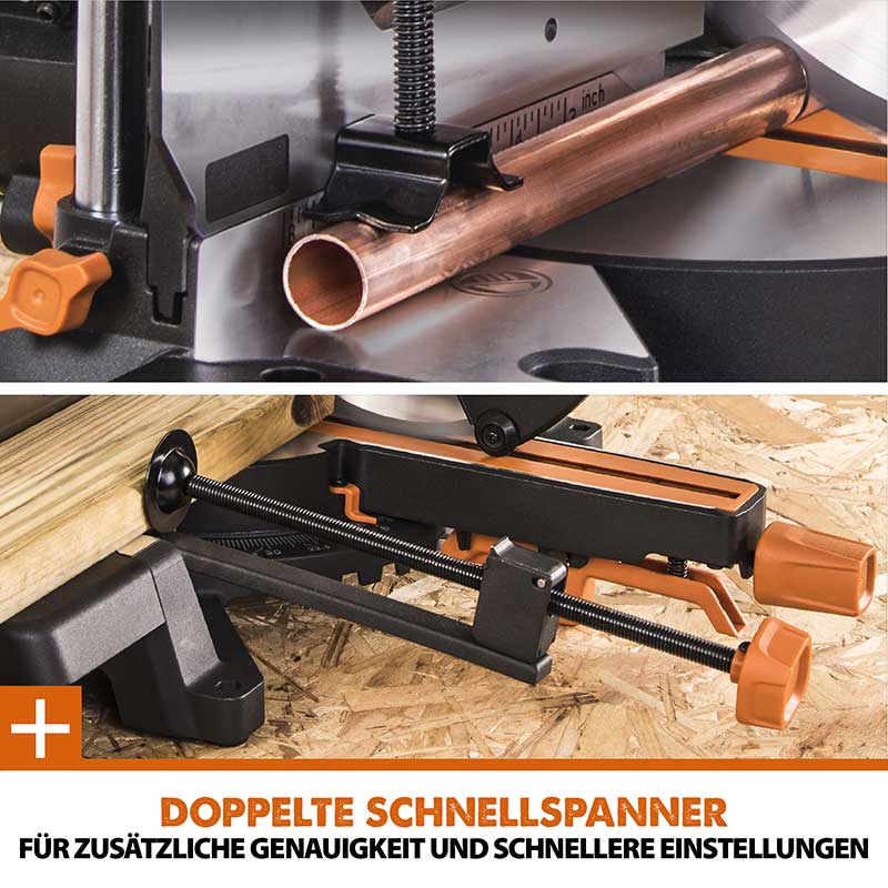 Evolution R255SMS-DB+ 255mm Doppelgehrungssäge mit Schiebfunktion und 28T TCT-Multi-Material-Sägeblatt