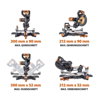 Evolution R255SMS-DB+ 255mm Doppelgehrungssäge mit Schiebfunktion und 28T TCT-Multi-Material-Sägeblatt