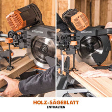 Evolution R255SMS-DB+ 255mm Doppelgehrungssäge mit Schiebfunktion und 28T TCT-Multi-Material-Sägeblatt