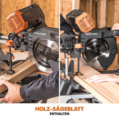 Evolution R255SMS-DB+ 255mm Doppelgehrungssäge mit Schiebfunktion und 28T TCT-Multi-Material-Sägeblatt