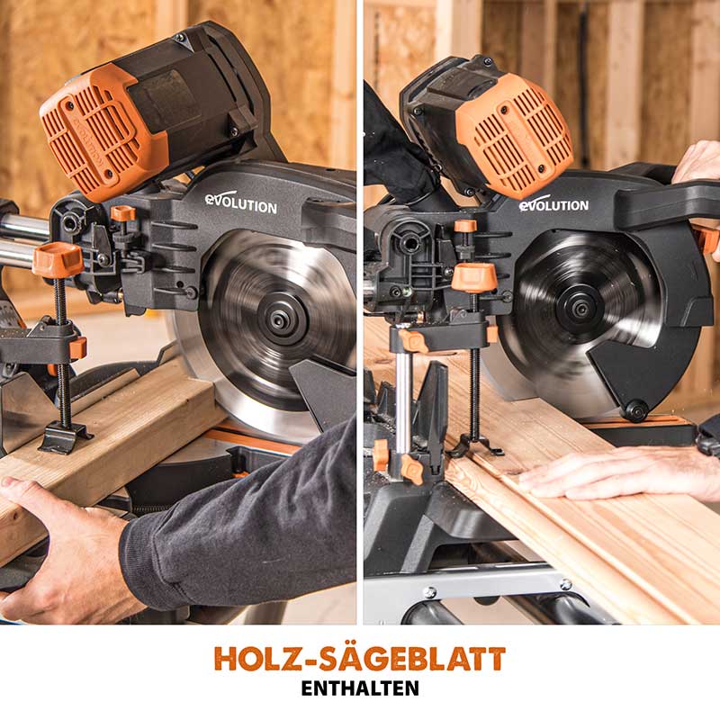 Evolution R255SMS-DB+ 255mm Doppelgehrungssäge mit Schiebfunktion und 28T TCT-Multi-Material-Sägeblatt
