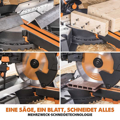 Evolution R255SMS-DB+ 255mm Doppelgehrungssäge mit Schiebfunktion und 28T TCT-Multi-Material-Sägeblatt