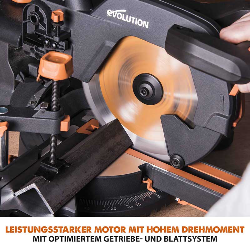 Evolution R255SMS+ 255mm Schiebe-Kapp- und Gehrungssäge mit TCT-Multi-Material-Sägeblatt und Gehrungssägeständer