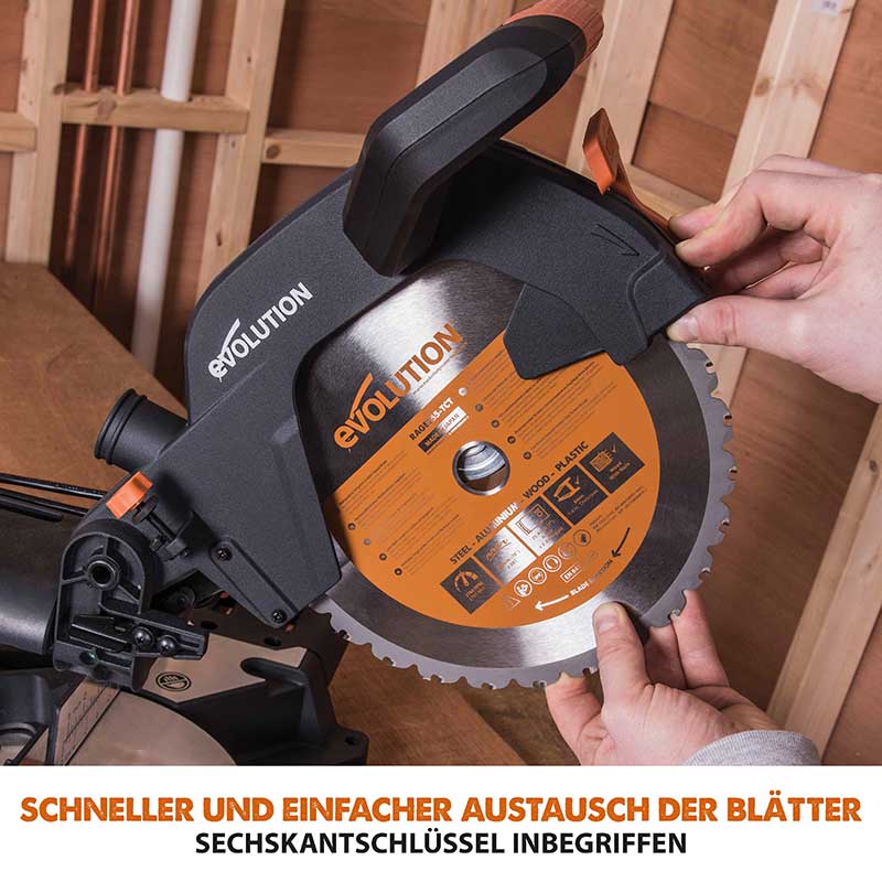 Evolution R255SMS+ 255mm Schiebe-Kapp- und Gehrungssäge mit TCT-Multi-Material-Sägeblatt und Gehrungssägeständer
