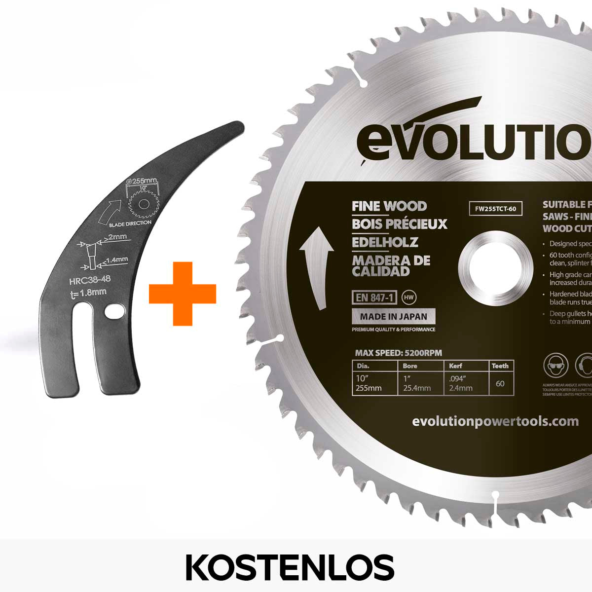 Evolution R255TBL+, die nächste Generation der tragbaren Tischsäge (230 V, 255 mm) mit TCT-Multimaterialsägeblatt