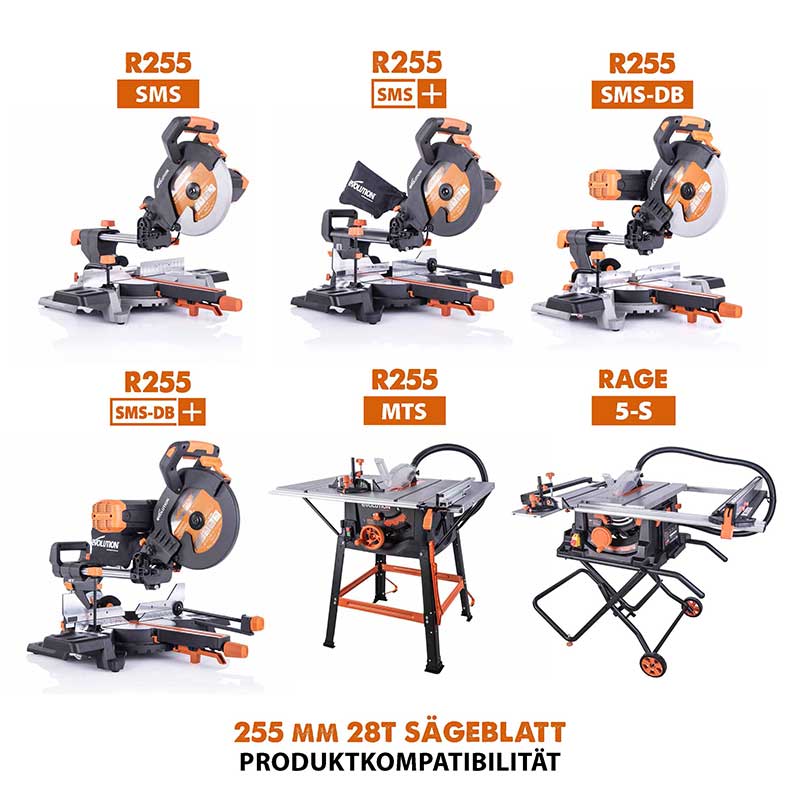 Evolution 255mm Mehrzweckschneidklinge mit 28 Zähnen, TCT-Gehrungssägeblatt