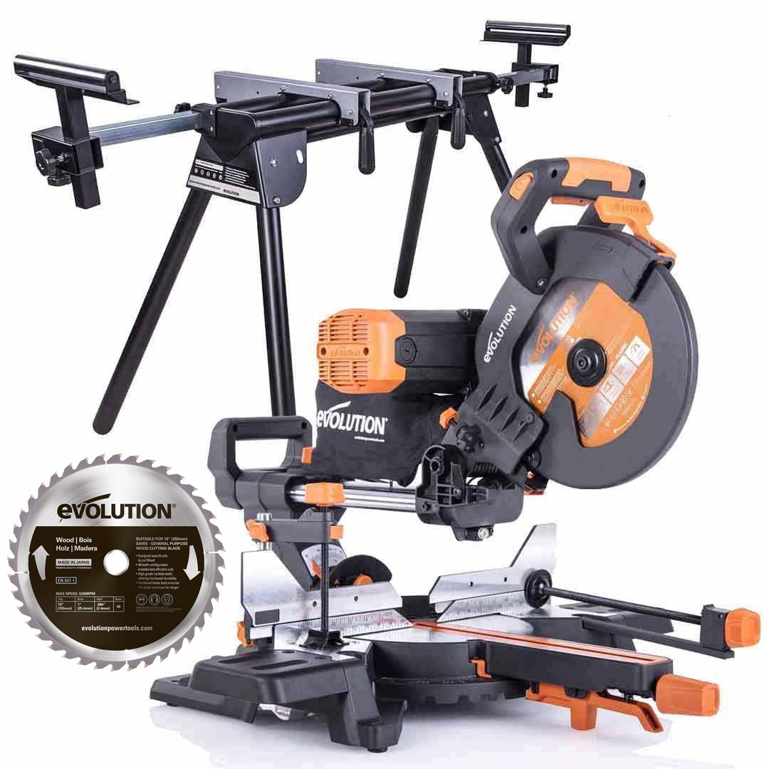 Evolution R255SMS-DB+ Set - 255mm Doppelgehrungssäge & Ständer mit 28T TCT-Multi-Material-Sägeblatt