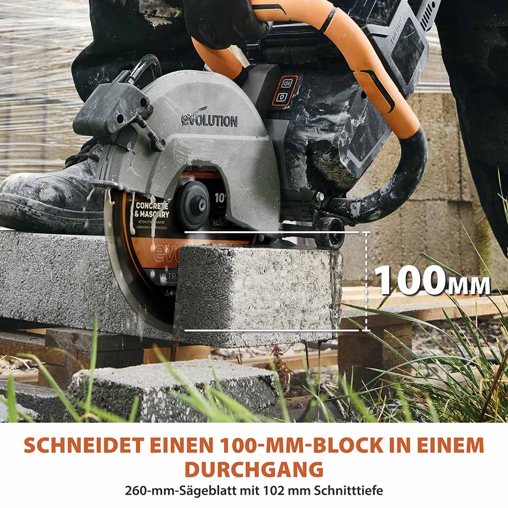 Evolution R260DCT-Li 260mm Akku Trennschleifmaschine Betonsäge mit hochwertigem Diamantblatt