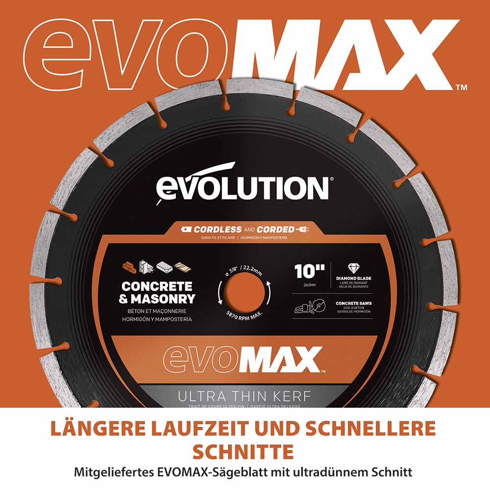 Evolution R260DCT-Li 260mm Akku Trennschleifmaschine Betonsäge mit hochwertigem Diamantblatt