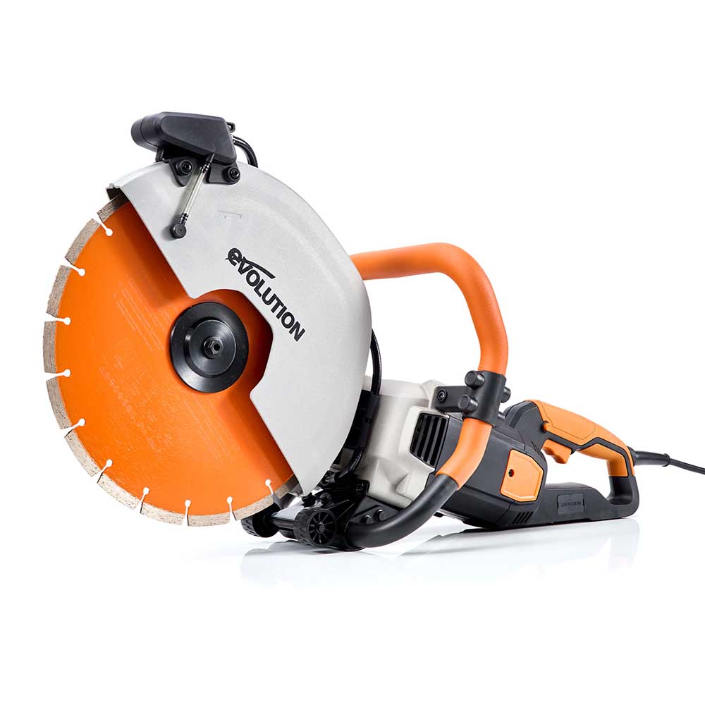 Elektrische Betonsäge Evolution R350DCT 350 mm, Diamanttrennsäge mit automatischer Wassersteuerung, Wasserflasche und Ersatzsägeblatt-Set