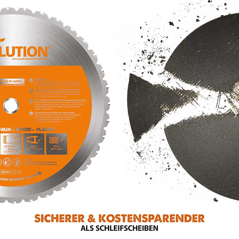 Evolution R355CPS 355mm Kaltkreissäge mit TCT-Multi-Material-Sägeblatt