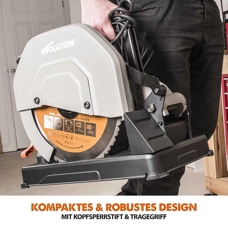 Evolution R355CPS 355mm Kaltkreissäge mit TCT-Multi-Material-Sägeblatt und Universal-Kappsägeständer