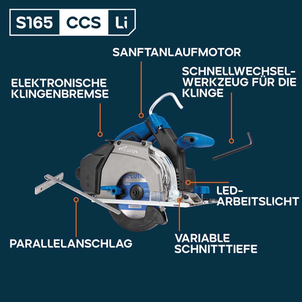 Evolution S165CCS-Li 185mm Akku Handkreissäge  für Metall mit TCT-Mildstahl-Sägeblatt