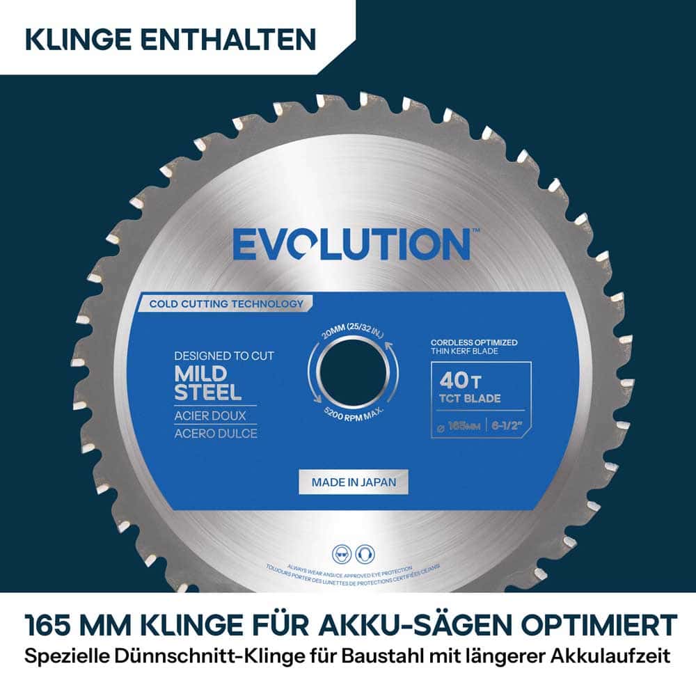 Evolution S165CCS-Li 185mm Akku Handkreissäge  für Metall mit TCT-Mildstahl-Sägeblatt