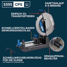 Akku-Kappsäge für Metall, 355mm mit bürstenlosem 36V Motor und EvoMax-Sägeblatt | S355CPS-Li