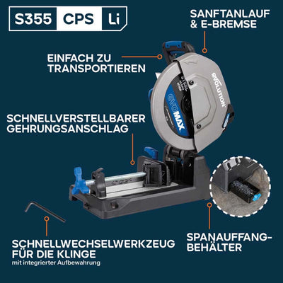Akku-Kappsäge für Metall, 355mm mit bürstenlosem 36V Motor und EvoMax-Sägeblatt | S355CPS-Li