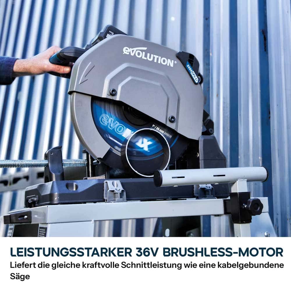 Akku-Kappsäge für Metall, 355mm mit bürstenlosem 36V Motor und EvoMax-Sägeblatt | S355CPS-Li