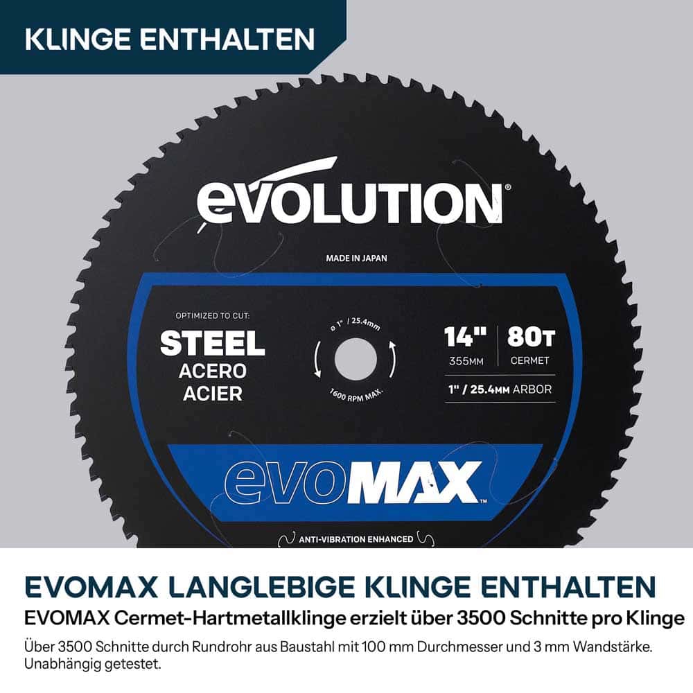 Akku-Kappsäge für Metall, 355mm mit bürstenlosem 36V Motor und EvoMax-Sägeblatt | S355CPS-Li
