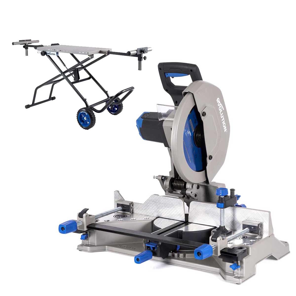 Evolution S355MCS 355mm Kapp- und Gehrungssäge, schwere Ausführung für Metallschneiden mit Kappsägeständer / Trennschleifmaschine-Ständer