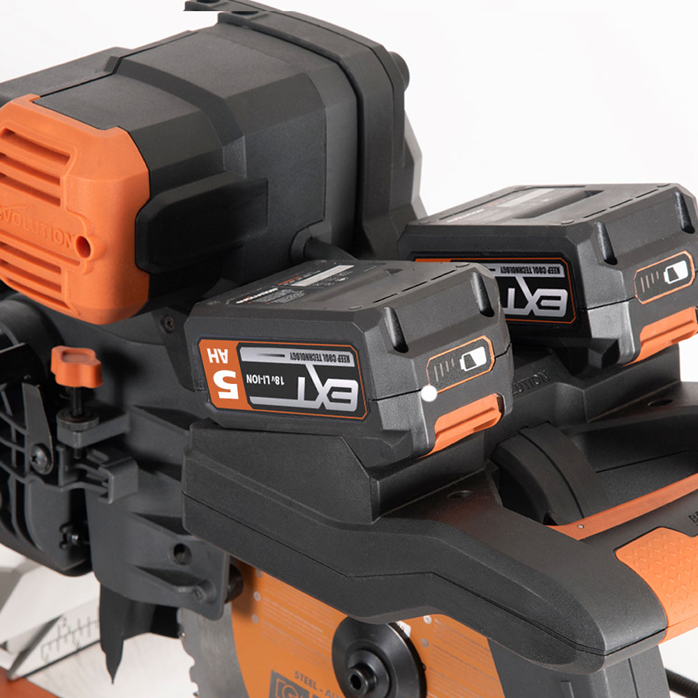 Evolution R255SMS-DB-Li, kabellose, bürstenlose 36-Volt-Gehrungssäge mit Doppelgehrungsneigung, 255-mm-Multi-materialsägeblatt  und optionalen 2x 5-Ah-Akkus und Doppelanschluss-Ladegerät