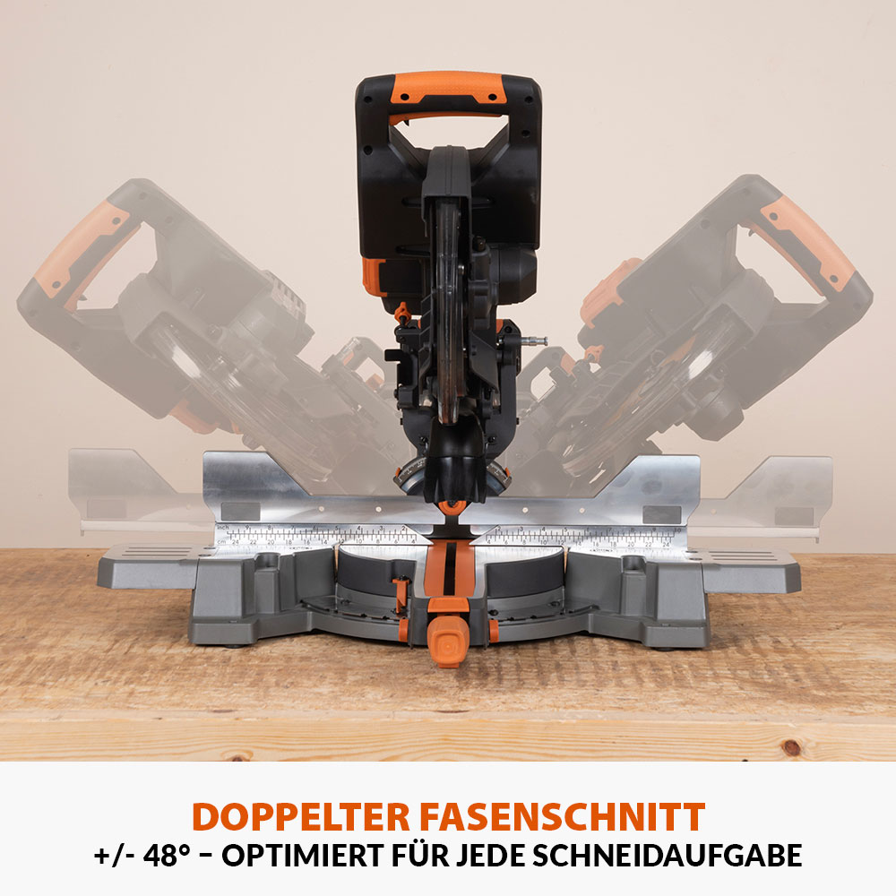 Evolution R255SMS-DB-Li, kabellose, bürstenlose 36-Volt-Gehrungssäge mit Doppelgehrungsneigung, 255-mm-Multi-materialsägeblatt  und optionalen 2x 5-Ah-Akkus und Doppelanschluss-Ladegerät