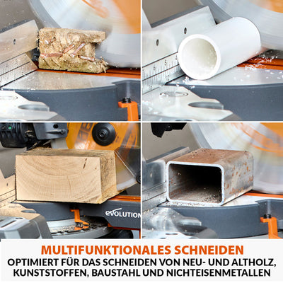 Evolution R255SMS-DB-Li, kabellose, bürstenlose 36-Volt-Gehrungssäge mit Doppelgehrungsneigung, 255-mm-Multi-materialsägeblatt  und optionalen 2x 5-Ah-Akkus und Doppelanschluss-Ladegerät