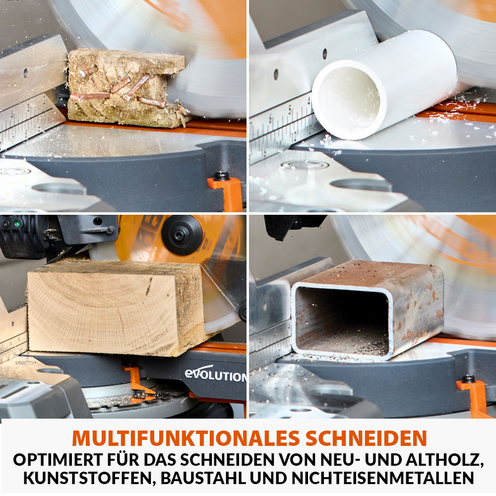 Evolution R255SMS-DB-Li, kabellose, bürstenlose 36-Volt-Gehrungssäge mit Doppelgehrungsneigung, 255-mm-Multi-materialsägeblatt  und optionalen 2x 5-Ah-Akkus und Doppelanschluss-Ladegerät