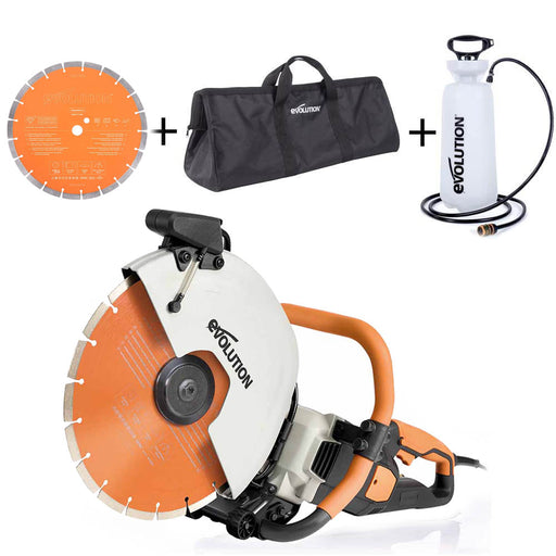 Elektrische Betonsäge Evolution R350DCT 350 mm, Diamanttrennsäge mit automatischer Wassersteuerung, Wasserflasche und Ersatzsägeblatt-Set