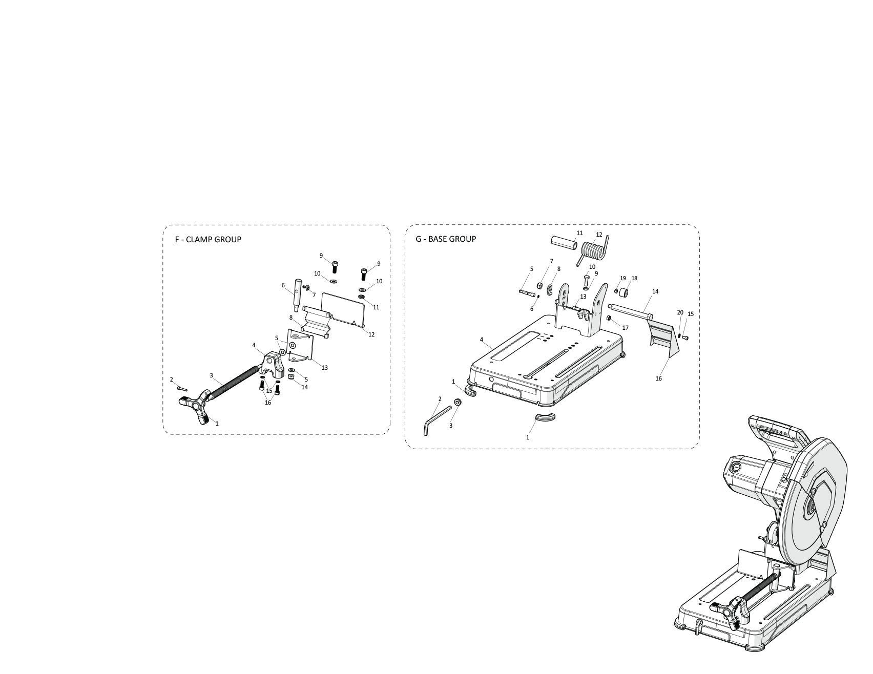 Evolution R355CPS Chop Saw Ersatzteile (Basisteil)