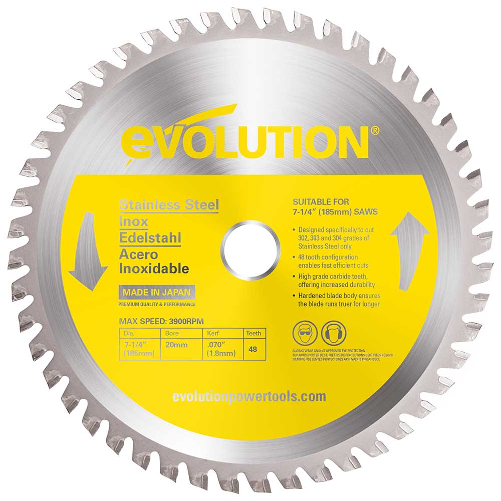 Evolution 185mm Edelstahlschneidklinge mit 48 Zähnen, TCT-Kreissägeblatt